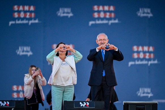 Kemal Kilicdaroglu, the leader of the center-left, pro-secular Republican People s Party CHP, wave to his supporters at the Republican People s Party CHP headquarters in Ankara, Turkey, on May 14, 202 ...