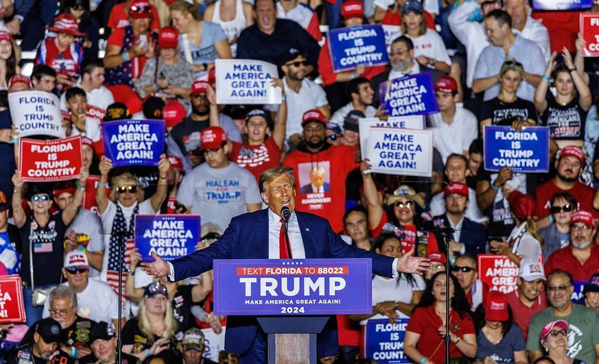April 24, 2024: Former President Donald Trump at a Nov. 8, 2023, rally in Hialeah, Florida. His strong showing in that GOP stronghold wasn t enough to win him Miami-Dade in 2020, but an early poll sug ...