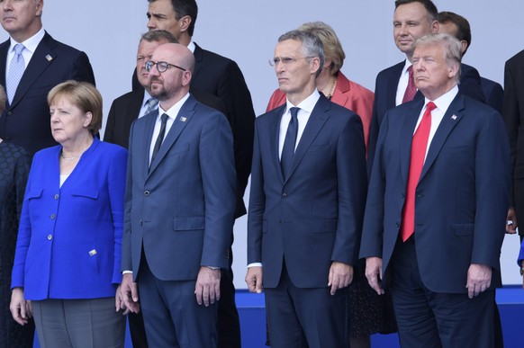 Chancellor of Germany Angela Merkel, Belgian Prime Minister Charles Michel, NATO Secretary General Jens Stoltenberg and US President Donald Trump pictured during the opening ceremony of the summit of  ...