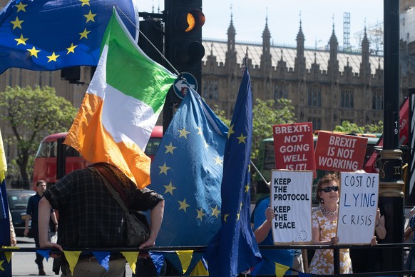 Protestors from SODEM (Stand of Defiance European Movement) fly Irish and EU flags with signs asking that the Northern Ireland protocol not be changed after Foreign Secretary Liz Truss hinted that par ...