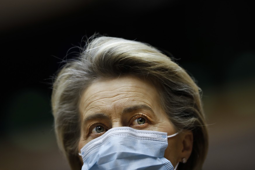 European Commission President Ursula Von Der Leyen listens to speeches during a plenary session on the inauguration of the new President of the United States and the current political situation, at th ...