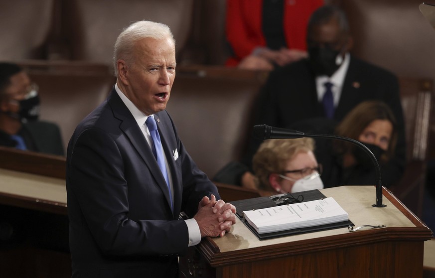 U.S. President Joe Biden delivers his first address to a joint session of the U.S. Congress inside the House Chamber of the U.S. Capitol in Washington, U.S., April 28, 2021. PUBLICATIONxNOTxINxUSA Cop ...