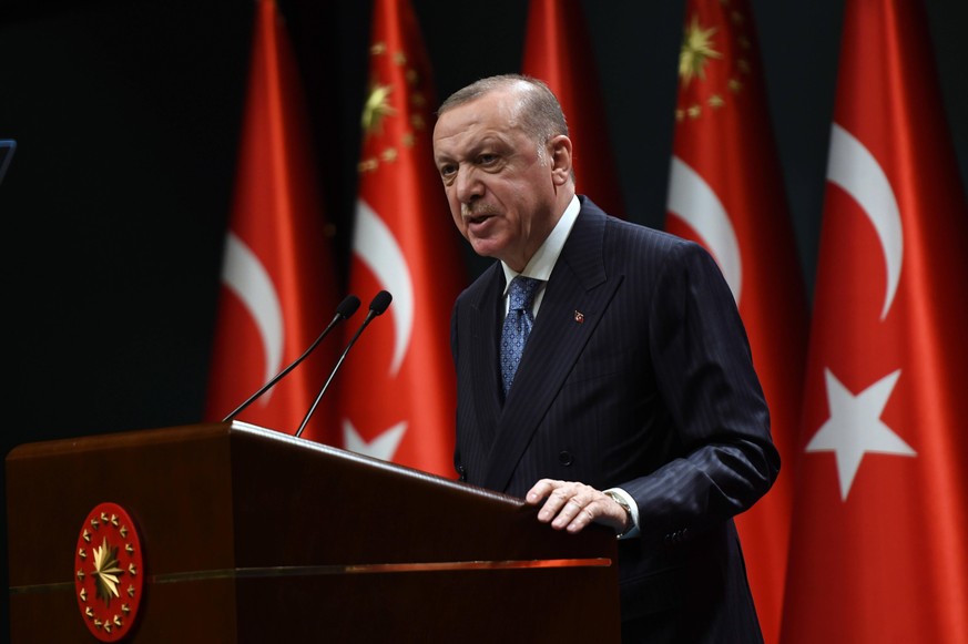 Turkey s President Recep Tayyip Erdogan speaks to reporters following a Cabinet meeting, in Ankara, Turkey, Monday, March 15, 2021. Copyright: DepoxPhotos 17068698