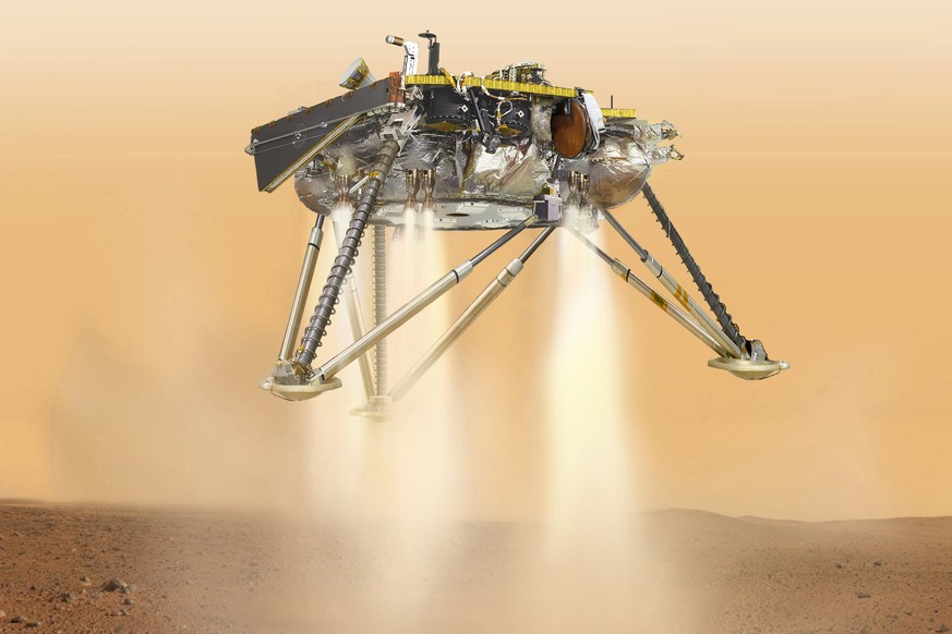 This illustration made available by NASA in October 2016 shows an illustration of NASA&#039;s InSight lander about to land on the surface of Mars. NASA&#039;s InSight spacecraft will enter the Martian ...