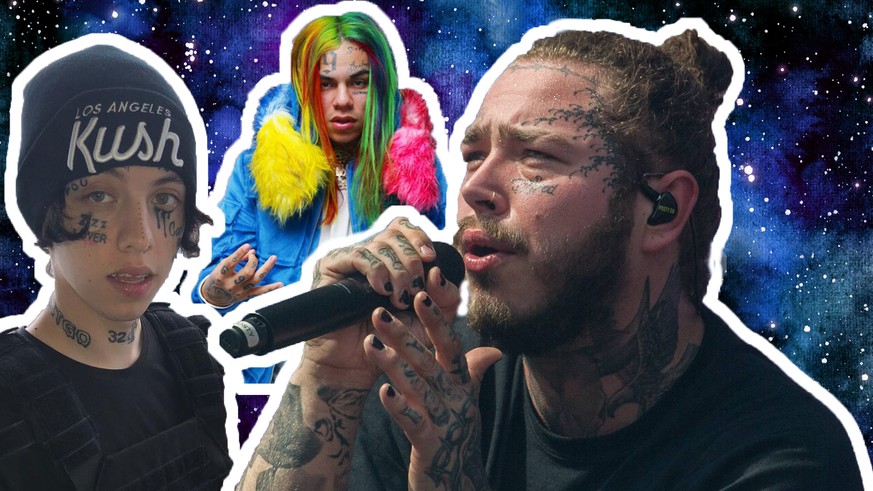 Lil Xan (l.),&nbsp;Tekashi 6ix9ine (m.) und Post Malone (r.): Sie alle haben Gesichts-Tattoos.&nbsp;