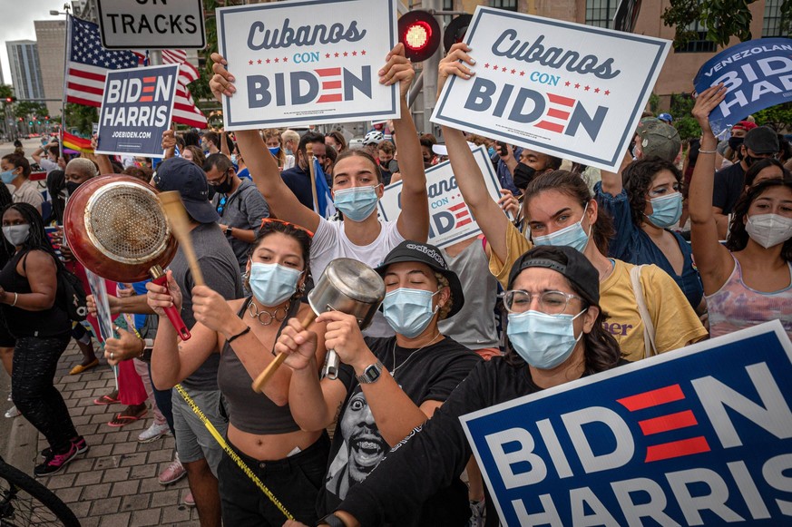 Hundreds of people, including dozens of members of the Hispanic community in Miami, celebrate the victory of Democrat Joe Biden as the 46th president of the United States, in a rally in front of the i ...