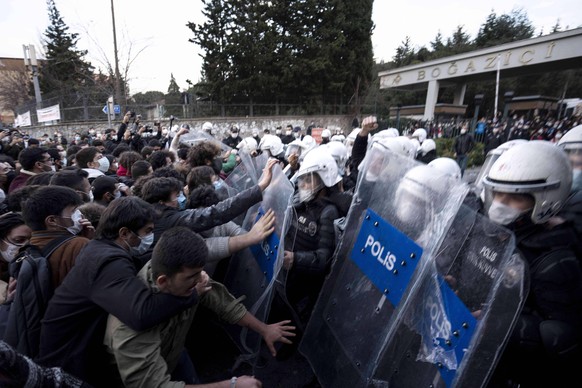 January 4, 2021, Istanbul, TUR: Turkish riot police clash with the Bogazici University students as the students protest a new appointed rector who known for its closeness to the Turkish government and ...