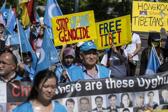 People are demonstrating to support the Uyghurs against the High Commissioner for Human Rights&#039; failure to listen to the communities concerned (Uyghur, Tibetan, Hong Kong, and others), in front t ...