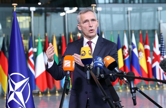 BRUSSELS, BELGIUM - FEBRUARY 16: NATO Secretary General Jens Stoltenberg speaks to press members ahead of NATO Defense Ministers Meeting in Brussels, Belgium on February 16, 2022. Dursun Aydemir / Ana ...