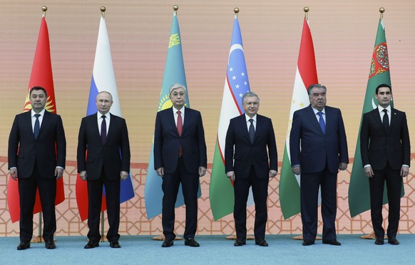 In this handout photo released by the Kazakhstan's Presidential Press Office, from left: Kyrgyz President Sadyr Japarov, Russian President Vladimir Putin, Kazakhstan's President Kassym-Jomart Tokayev, ...