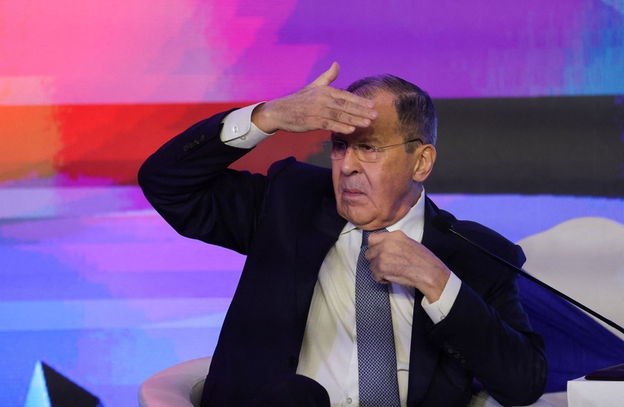 Russian Foreign Minister Sergei Lavrov gestures during the Raisina Dialogue 2023, in New Delhi, India, March 3, 2023. REUTERS/Anushree Fadnavis