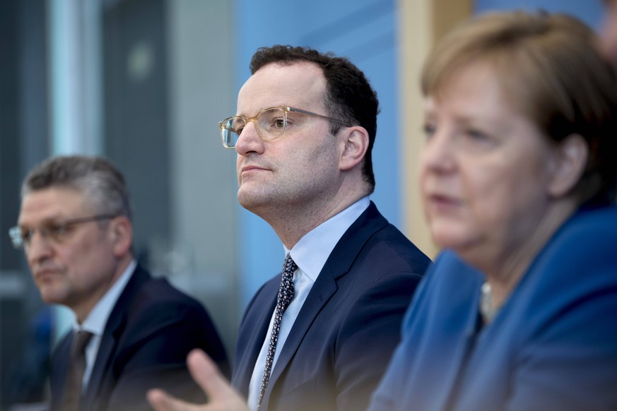 Prof. Wieler, Spahn, Merkel - Coronavirus DEU, Deutschland, Germany, Berlin, 11.03.2020 Prof. Lothar H. Wieler, Praesident Robert Koch-Institut, Jens Spahn, Bundesgesundheitsminister CDU, und Bundeska ...