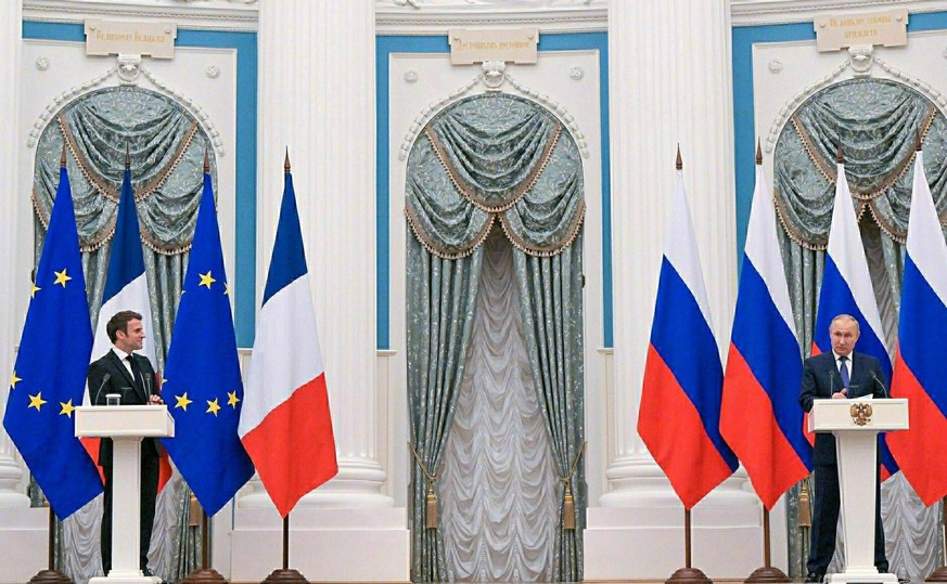 7 Februaty 2022. President of Russia Vladimir Putin met with President of France Emmanuel Macron in Moscow, Russia. Photo: Sergey Guneev, Kremlin Pool KremlinxPool