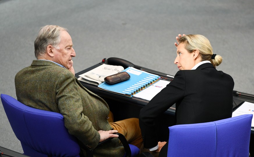Germany&#039;s far-right Alternative for Germany (AfD) leader Alexander Gauland and AfD party member Alice Weidel attend a plenum session at the lower house of parliament, Bundestag, in Berlin, German ...