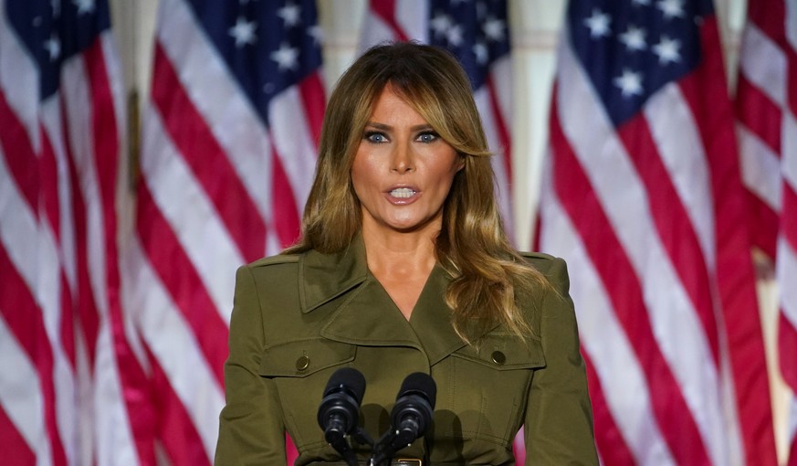 U.S. first lady Melania Trump delivers her live address to the largely virtual 2020 Republican National Convention from the Rose Garden of the White House in Washington, U.S., August 25, 2020. REUTERS ...