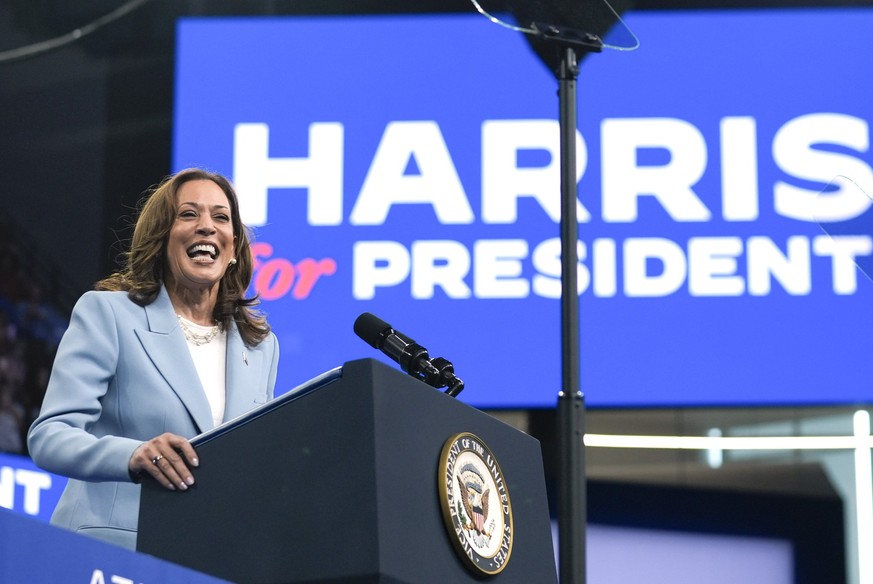 FILE - Vice President Kamala Harris speaks during a campaign rally, July 30, 2024, in Atlanta. Harris, the daughter of immigrants who rose through the California political and law enforcement ranks to ...