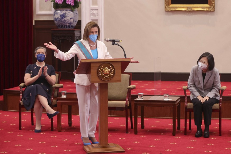 August 3, 2022, Taipei, Taiwan, Republic of China: U.S. Speaker of the House Nancy Pelosi, responds to a question during a joint press conference with Taiwan President Tsai Ing-wen, at the presidentia ...