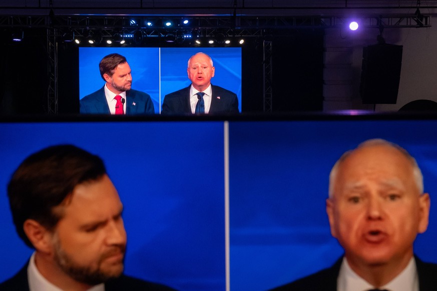 Vice Presidential Debate Watch Party A monitor shows the CBS News broadcast of the Vice Presidential Debate between US Senator and Republican vice presidential candidate J.D. Vance and Democratic vice ...