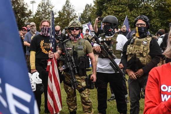 September 26, 2020, Portland, Oregon, USA: The Proud Boys hold a rally in Portland, Oregon. Governor Kate Brown declared a state of emergency prior to Saturdays rally as fears of political violence be ...