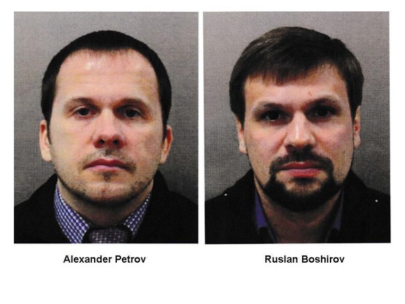 This combination photo made available by the Metropolitan Police on Wednesday Sept. 5, 2018, shows Alexander Petrov, left, and Ruslan Boshirov. British prosecutors have charged two Russian men, Alexan ...