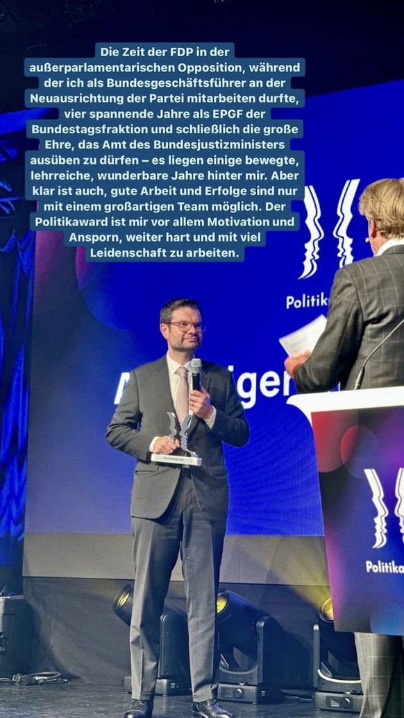 Justizminister Marco Buschmann ist mit dem Award des Aufsteigers des Jahres ausgezeichnet worden.