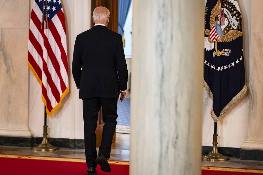 United States President Joe Biden walks into the Blue Room after delivering remarks on the US Supreme Courts Presidential Immunity ruling in the Trump v. United States case at the White House on July  ...