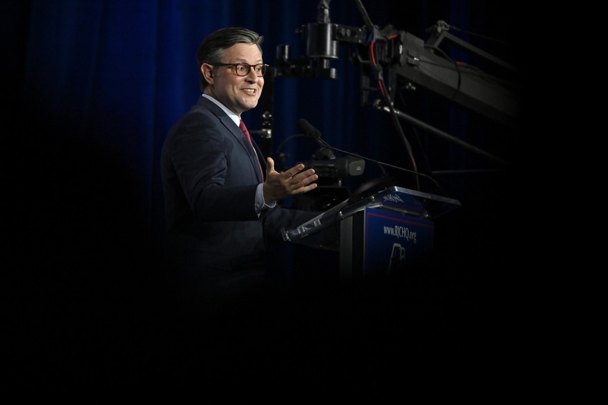 Speaker of the House Mike Johnson, R-La., speaks at an annual leadership meeting of the Republican Jewish Coalition, Saturday, Oct. 28, 2023, in Las Vegas. (AP Photo/David Becker)