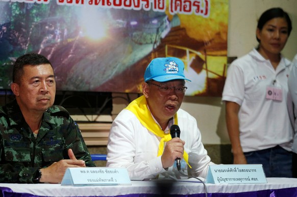 Chiang Rai province acting governor Narongsak Osatanakorn talks to journalist during a news conference near Tham Luang cave complex, in the northern province of Chiang Rai, Thailand, July 8, 2018. REU ...