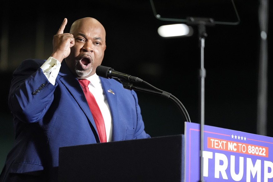North Carolina Lt. Gov. Mark Robinson speaks before Republican presidential candidate former President Donald Trump at a campaign rally Saturday, March 2, 2024, in Greensboro, N.C. (AP Photo/Chris Car ...