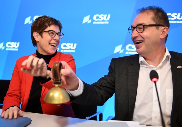 Christian Democratic Union, CDU party leader Annegret Kramp-Karrenbauer and Parliamentary group leader of the CSU Alexander Dobrindt attend a Christian Social Union party meeting at &quot;Kloster Seeo ...
