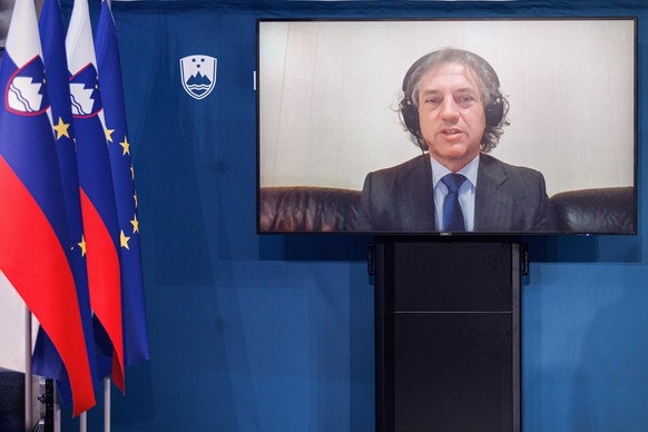 April 24, 2022, Ljubljana, Slovenia: Dr. Robert Golob, the president of the Freedom Movement, speaks via video link at a press conference following a victory at the Slovenian parliamentary elections.  ...