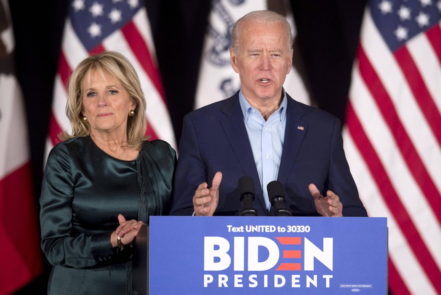 Feb.03, 2020 - Des Moines, Iowa, U.S. - With Dr. JILL BIDEN at his side, former Vice President and Democratic presidential candidate JOE BIDEN speaks at Drake University. Finals results from the Iowa  ...