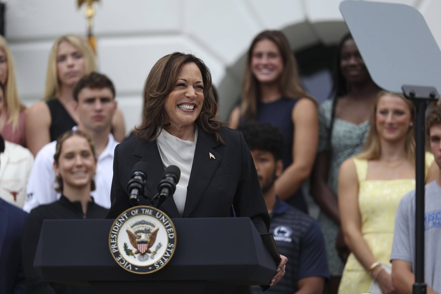 United States Vice President Kamala Harris makes remarks during an event celebrating the 2023-2024 NCAA Championship teams on the South Lawn of the White House in Washington, DC, US, on Monday, July 2 ...