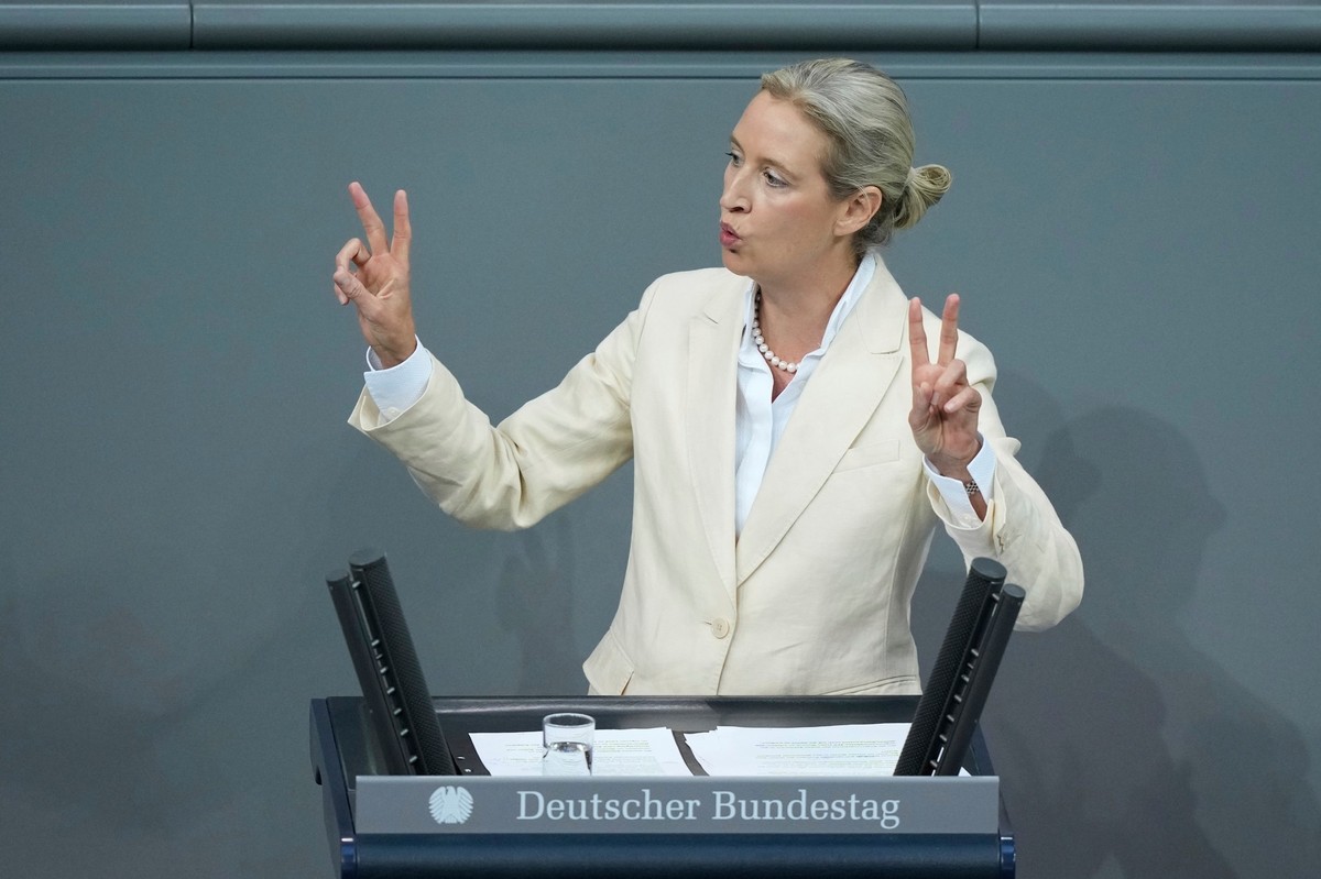Alice Weidel, co-leader of the Alternative for Germany Party (AfD) gestures during a debate about the budget 2025 at the German parliament Bundestag in Berlin, Germany, Wednesday, July 9, 2025. (AP Ph ...