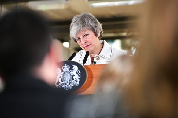 British Prime Minister Theresa May delivers a speech during a visit to the Portmeirion factory in Stoke-on-Trent, Britain January 14, 2019. Ben Birchall/Pool via REUTERS