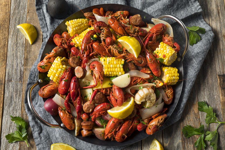 Homemade Southern Crawfish Boil with Potatoes Sausage and Corn