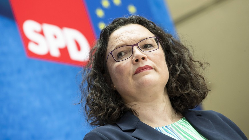 News Bilder des Tages SPD Parteivorsiztende Andrea Nahles waehrend einer Pressekonferenz in Willy-Brandt-Haus in Berlin am 27. Mai 2019. Pressekonferenz der SPD nach der Europawahl *** SPD party leade ...