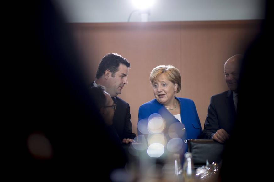 Maas, Scholz, Merkel, Kabinett DEU, Deutschland, Germany, Berlin, 21.08.2019 Hubertus Heil, Bundesarbeitsminister SPD, Heiko Maas, Bundesaussenminister SPD, Angela Merkel, Bundeskanzlerin CDU, und Ola ...