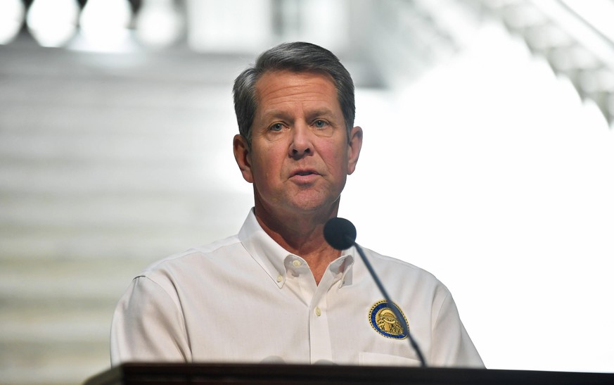 May 7, 2020, Atlanta, GA, USA: ATLANTA, GA - MAY 07: Georgia Governor Brian Kemp speaks to members of the media during his weekly press conference regarding the Coronavirus COVID-19 pandemic from the  ...