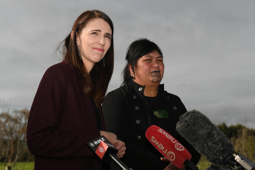 HASTINGS, NEW ZEALAND - JULY 08: Prime Minister Jacinda Ardern speaks to media with Local Government Minister Nanaia Mahuta following an announcement about upgrading drinking water infrastructure on J ...