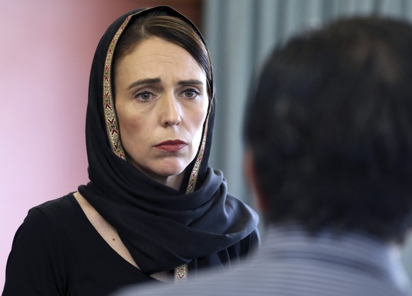 In this photo released by New Zealand Prime Minister's Office, Prime Minister Jacinda Ardern speaks to representatives of the Muslim community, Saturday, March 16, 2019 at the Canterbury Refugee Centr ...