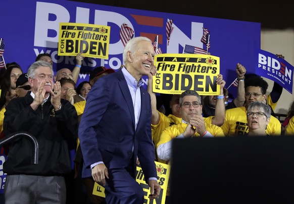 Former Vice President and Democratic presidential candidate Joe Biden takes the stage during a rally at the Teamster Local 249 Hall in Pittsburgh, Monday, April 29, 2019. (AP Photo/Gene J. Puskar)
