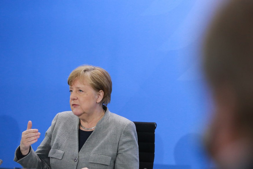 BERLIN, GERMANY - APRIL 15: German Chancellor Angela Merkel informs the press about the latest measures of the government in the fight against the COVID-19 pandemic following a video conference with t ...