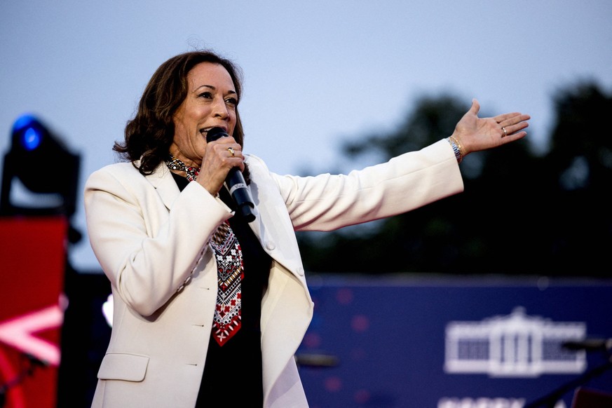 Kamala Harris Thrust Into Spotlight As Biden Bows Out File photo - USA Vice President Kamala Harris speaks during a Fourth of July celebration on the South Lawn of the White House in Washington, DC, U ...