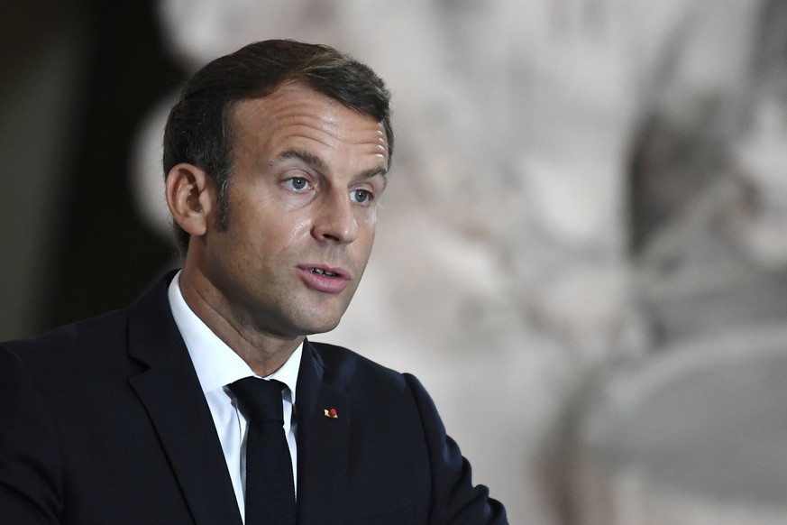 French President Emmanuel Macron delivers a speech a ceremony to celebrate the 150th anniversary of the proclamation of the Republic at the Pantheon, in Paris, France September 4, 2020. Julien De Rosa ...