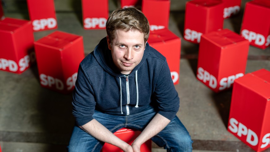 WITTENBERG, GERMANY - MAY 06: Kevin Kühnert, head of Jusos, the youth arm of the German Social Democrats (SPD), poses for a photo during an event to promote SPD candidates in local city council electi ...