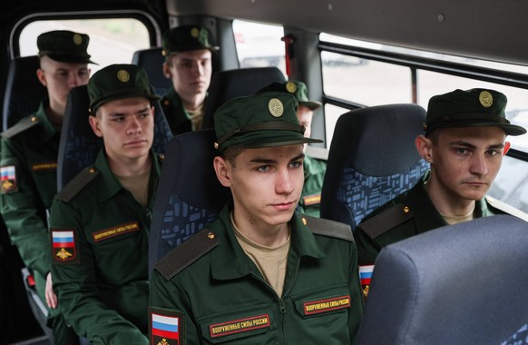 RUSSIA, BATAISK - MAY 16, 2024: Conscripts are seen on a bus before departing from a local draft office for military service with the Russian Army. Erik Romanenko/TASS PUBLICATIONxINxGERxAUTxONLY 7008 ...