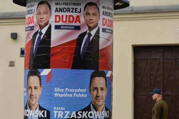 Election posters of Andrzej Duda, the current Polish President, and Rafal Trzaskowski, the current Mayor of Warsaw and Civic Platform&#039;s candidate for Presidency of Poland, seen in Krakow. 
On Jun ...