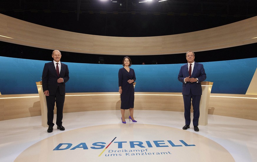 ARD DAS TRIELL DREIKAMPF UMS KANZLERAMT, am Sonntag (12.09.21) um 20.15 Uhr im Ersten. v.li.n.re: Olaf Scholz, (SPD), Annalena Baerbock (B