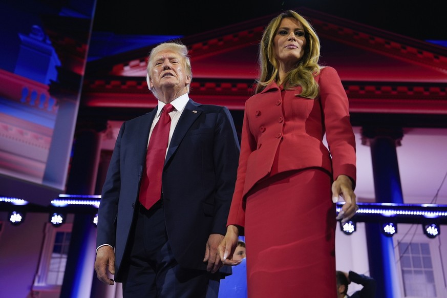 Republican presidential candidate former President Donald Trump, stands on stage with Melania Trump after speaking during the Republican National Convention, Thursday, July 18, 2024, in Milwaukee. (AP ...